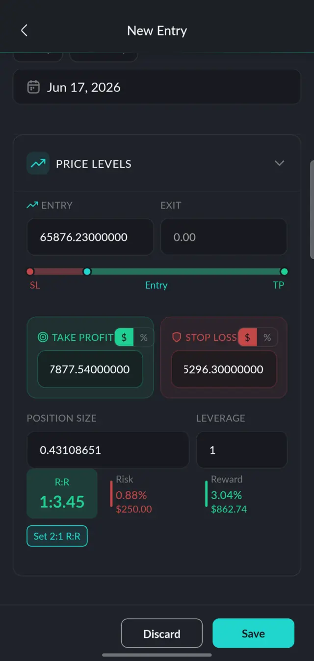Trade journal auto-filled with entry, stop, target and risk-reward
